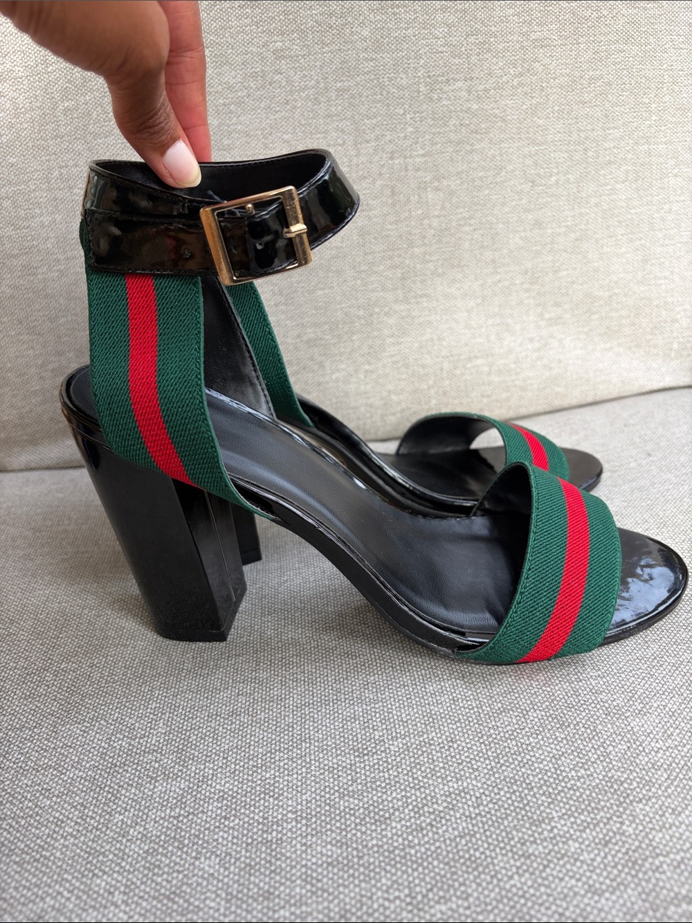 Black High Heel Sandals with Green and Red Stripe Detail
